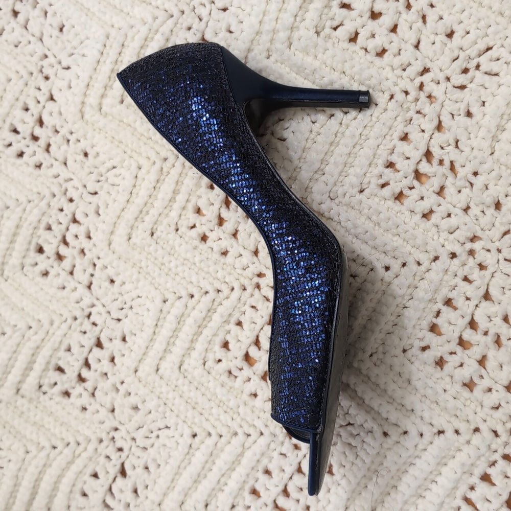 Nina Women's Sparkling Navy Peep Toe Heels - Picture 7 of 11